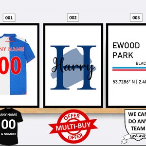 Personalised Blackburn Rovers Football Prints Wall Art Poster Set of 3 Custom Home Decor Gift Idea Any Name Number Print