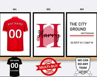 Personalised Nottingham Forest Football Prints Wall Art Poster Set of 3 Custom Home Decor Gift Idea Any Name Number Print