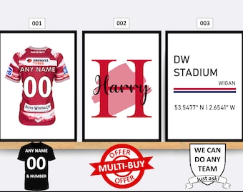 Personalised Wigan Warriors Rugby Prints Wall Art Poster Set of 3 Custom Home Decor Gift Idea Any Name Number Print