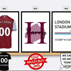 Personalised West Ham United Football Prints Wall Art Poster Set of 3 Custom Home Decor Gift Idea Any Name Number Print
