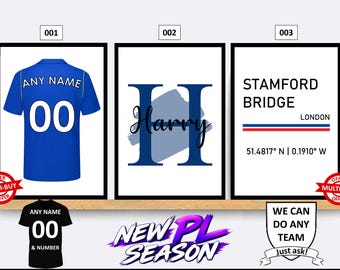 Personalised Chelsea Football Prints Wall Art Poster Set of 3 Custom Home Decor Gift Idea Any Name Number Print
