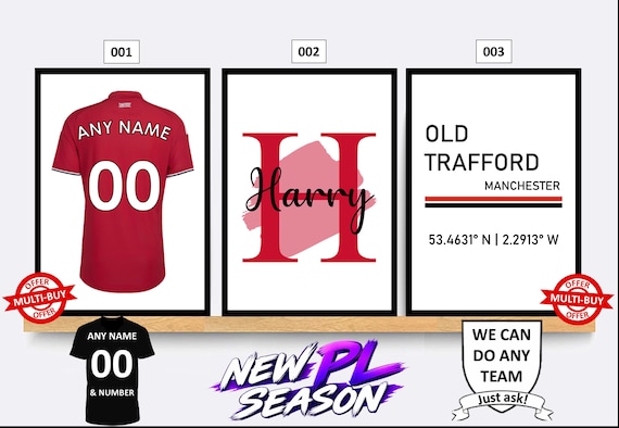 Personalised Manchester United Football Prints Wall Art Poster Set of 3 Custom Home Decor Gift Idea Any Name Number Print Man Utd
