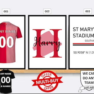 Personalised Southampton Football Prints Wall Art Poster Set of 3 Custom Home Decor Gift Idea Any Name Number Print