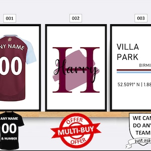Personalised Aston Villa Football Prints Wall Art Poster Set of 3 Custom Home Decor Gift Idea Any Name Number Print