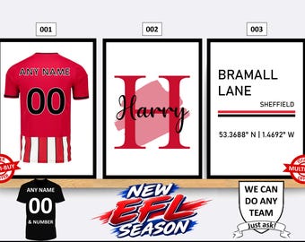 May include: Three framed wall art prints featuring a red and white striped sports jersey with the text ANY NAME and 00, a large red letter H with the name Harry in script, and a Bramall Lane Sheffield coordinate sign with red and black lines.