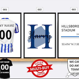 Personalised Sheffield Wednesday Football Prints Wall Art Poster Set of 3 Custom Home Decor Gift Idea Any Name Number Print