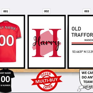 Personalised Manchester United Football Prints Wall Art Poster Set of 3 Custom Home Decor Gift Idea Any Name Number Print Man Utd