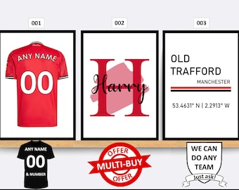 Póster de pared personalizado con impresiones de fútbol del Manchester United (juego de 3), ideal para decorar el hogar, con cualquier nombre y número.
