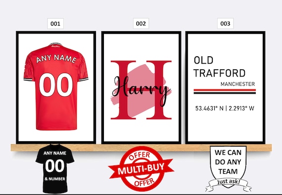 Personalised Manchester United Football Prints Wall Art Poster Set of 3 Custom Home Decor Gift Idea Any Name Number Print Man Utd