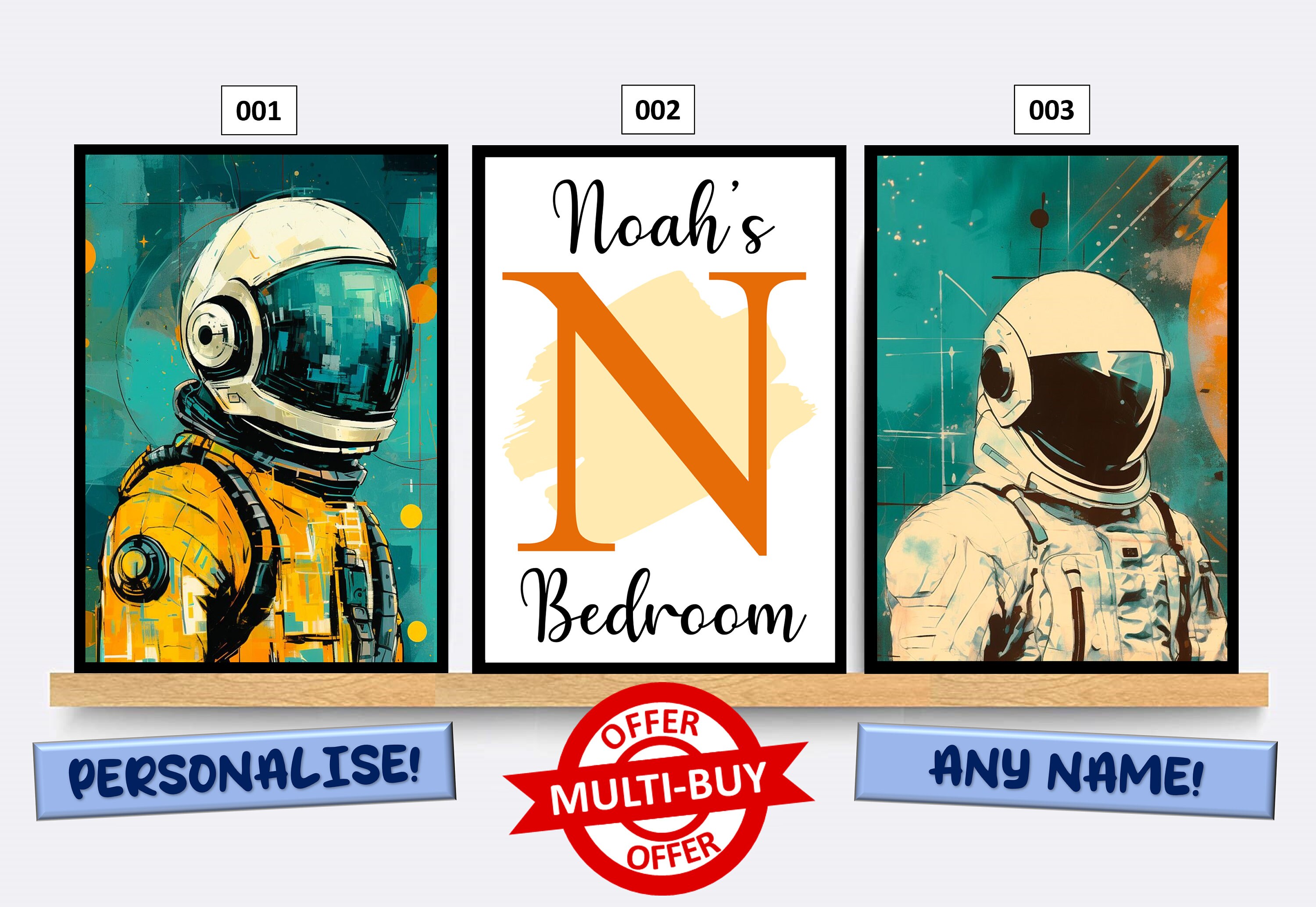 Personalised Astronaut Prints Wall Art Poster Set of 3 Custom Home Bedroom Decor Gift Idea Any Name Print