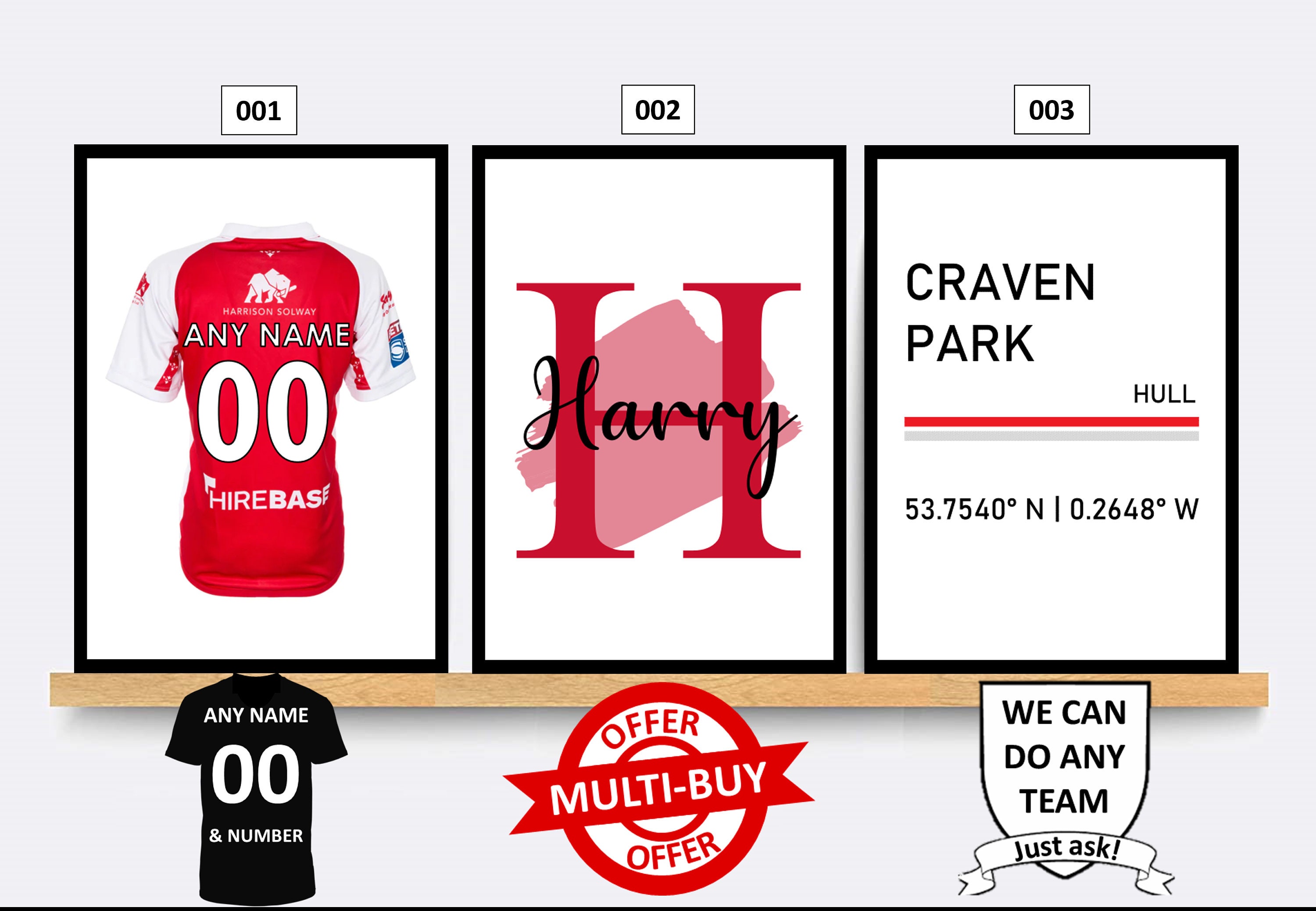 Personalised Hull KR Rugby Prints Wall Art Poster Set of 3 Custom Home Decor Gift Idea Any Name Number Print