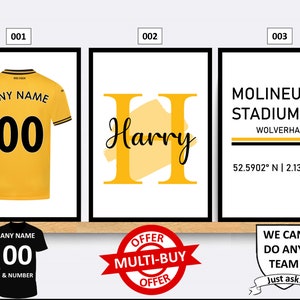 Personalised Wolverhampton Wanderers Football Prints Wall Art Poster Set of 3 Custom Home Decor Gift Idea Any Name Number Print Wolves