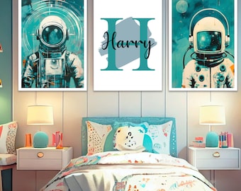 Personalised Astronaut Prints Wall Art Poster Set of 3 Custom Home Bedroom Decor Gift Idea Any Name Print