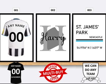 Personalised Newcastle United Football Prints Wall Art Poster Set of 3 Custom Home Decor Gift Idea Any Name Number Print