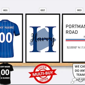 Personalised Ipswich Town Football Prints Wall Art Poster Set of 3 Custom Home Decor Gift Idea Any Name Number Print