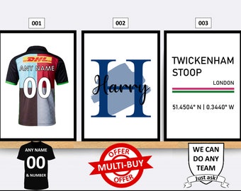 Personalised Harlequins Rugby Prints Wall Art Poster Set of 3 Custom Home Decor Gift Idea Any Name Number Print