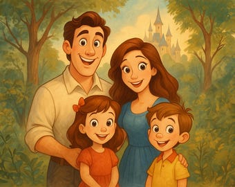 Retrato de Família em Livro de Histórias Inspirado na Disney – Ilustração de Desenho Personalizada a partir de Foto | Arte Mágica Personalizada e Presente Fantástico