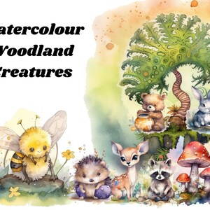 Watercolor Woodland Creatures Clipart, Forest Art PNG Bundle, Instant Download for Commercial Use