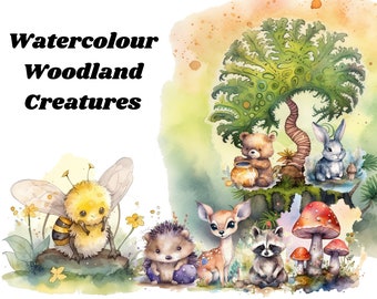 Clipart de criaturas da floresta em aquarela, pacote PNG de arte florestal, download instantâneo para uso comercial
