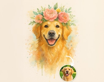 Retrato de animal de estimação em aquarela com coroa de flores – Ilustração floral personalizada a partir de foto | Arte e presente personalizados para cães ou gatos para amantes de animais de estimação