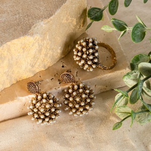 Vintage ring en oorbel sieraden set voor vrouwen, antieke retro Boho Indiase verstelbare handgemaakte ringen, cadeau voor haar, parel edelsteen sieraden