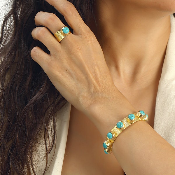 Turquoise Bracelet, Feroza Ring, Jewelry Sets for Women, Handmade Jewelry, Sets, Natural Gemstones, Turquoise Beads Gold Plated Adjustable