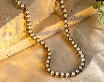 Vintage Tennis Necklace for Women, Pearl Tennis Choker, Indian Jewelry, Handmade Retro Boho Antique Bronze Gemstone Pendant, Gift for Her