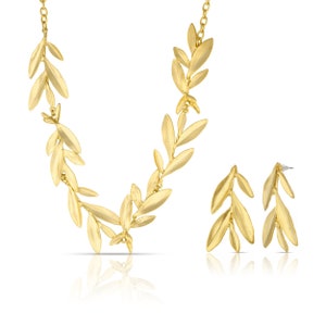 Olive Branch Necklace, Earrings, Jewelry Sets for Women, Matte Gold Plated, Vintage, Handmade Earrings, Handmade Necklace Retro İndian Leaf image 1