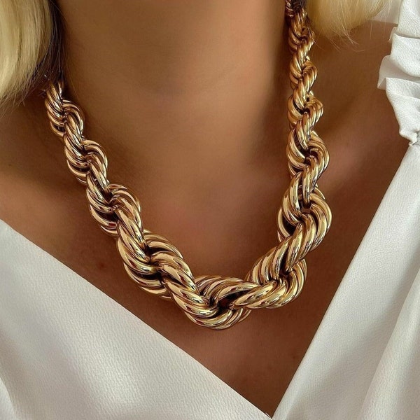 Collier de corde épaisse plaqué or 18 carats, chaîne twist, chaîne chunky, cadeau pour maman, hypoallergénique, sans nickel, chaîne de corde épaisse, pendentif moderne