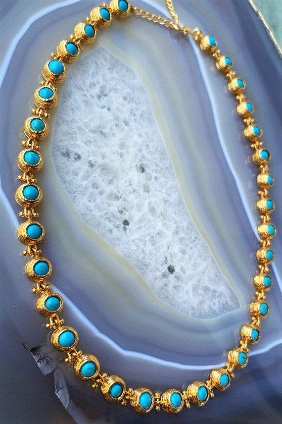 Vintage Tennis Turquoise Necklace, Feroza Beads Bracelet