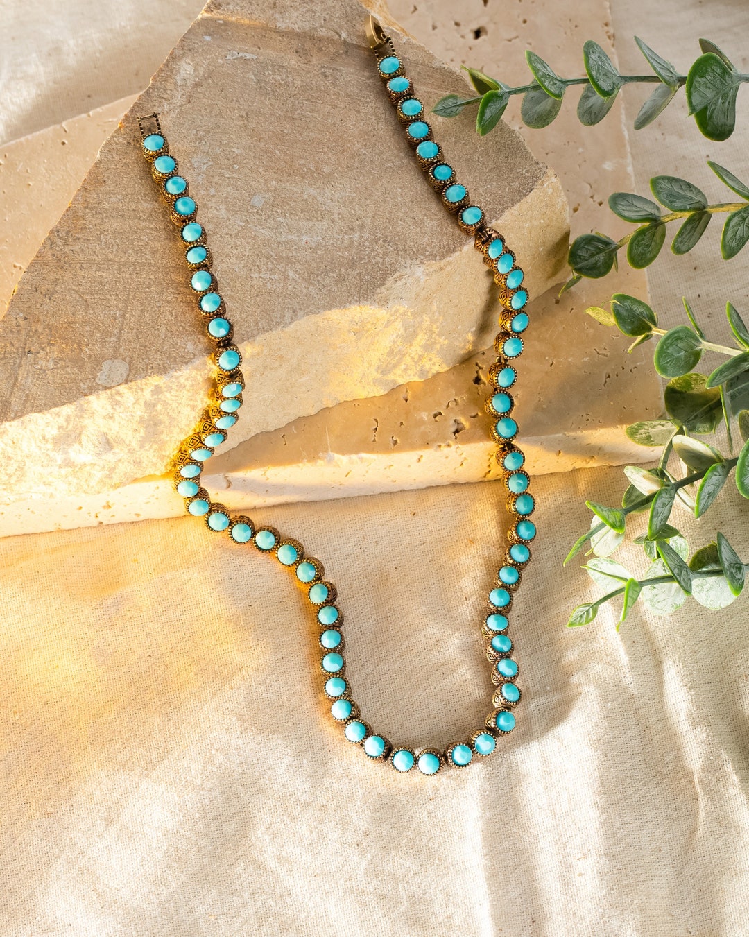 Vintage Tennis Necklace and Bracelet Jewelry Set,turquoise Gemstone