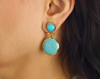 Turquoise Earring for Women,Handmade Natural Feroza Gemstone Jewelry, Gift for her, Boho Indian Retro Vintage, Blue Beads Dainty Dangle
