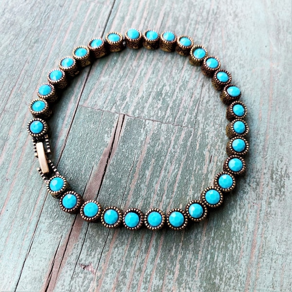 Vintage Turquoise Tennis Bracelet Feroza Beads Bangle Jewelry For Women, Bronze Retro Cuff, Indian Girl Blue Diamond Crsytals Handmade