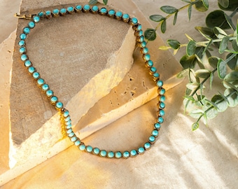 Vintage Tennis Necklace for Women, Turquoise Gemstone Retro Boho Antique Choker,Handmade  Indian Jewelry Feroza Chain Pendant