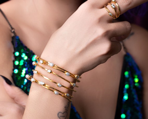 Pearl Bracelet, Pearl Ring, Handmade Jewelry Sets for Women, Gold Plated Bangle, Indian Cuff, Gemstone Beads, Gift for Her, Modern Dainty