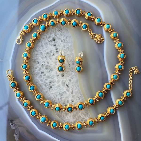 collier tennis turquoise vintage, bracelet de perles Feroza, parure de bijoux boucle d'oreille minimaliste en pierre naturelle pour femme cadeau pour elle, or fait main