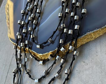 Silver Plated Plaque and Leather Rope Layered Necklace , Handmade Rope Gift for Her , Multistrand Leather Necklace, Bohemian beaded tube