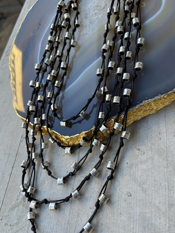 Silver Plated Plaque and Leather Rope Layered Necklace Handmade