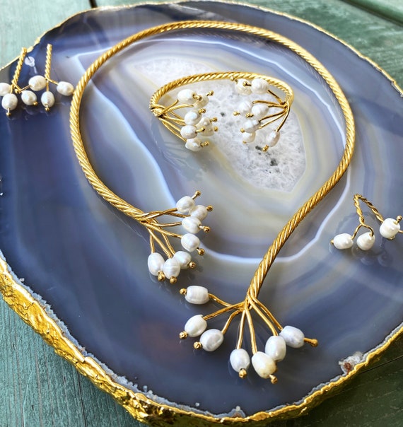 Handmade Pearl Jewelry Set, Statement Pearl Set, Bridesmaid Gold and Pearl Jewelry Set, Freshwater Pearl Jewelry Set, Unique Birthday Gift