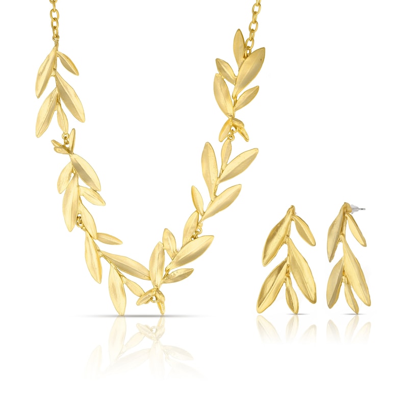 Olive Branch Necklace, Earrings, Jewelry Sets for Women, Matte Gold Plated, Vintage, Handmade Earrings, Handmade Necklace Retro İndian Leaf image 1
