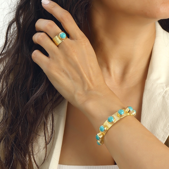Sleeping Beauty Turquoise Bracelet, Feroza Ring, Jewelry Sets for Women, Handmade Adjustable Natural Gemstones
