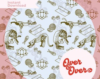 Patrón sin costuras de gato yoga: papel digital Zen Kitty, diseño minimalista conmemorativo para mascotas, PNG de 300 DPI para scrapbooking, POD, vinilo y manualidades.