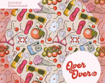 Patrón sin costuras "Euro Summer Vibes" (descarga digital PNG), estética playera, costera, ilustración, papel digital para tela, vinilo, POD