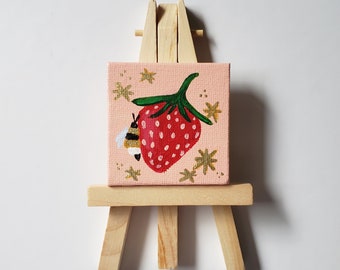 strawberry honeybee mini painting with easel | mini canvas painting | original painting