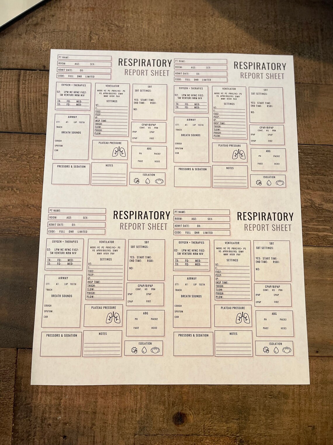 Respiratory Therapy Report Sheet Four Patients ICU Etsy
