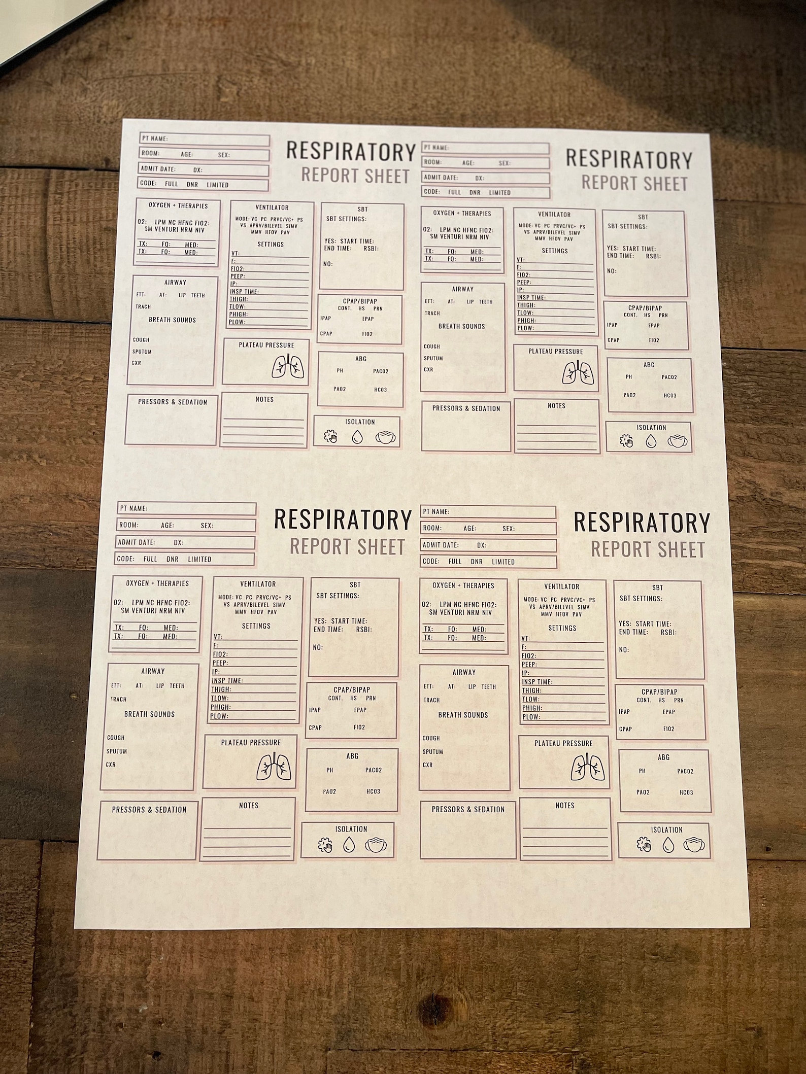 Respiratory Therapy Report Sheet Four Patients ICU Etsy
