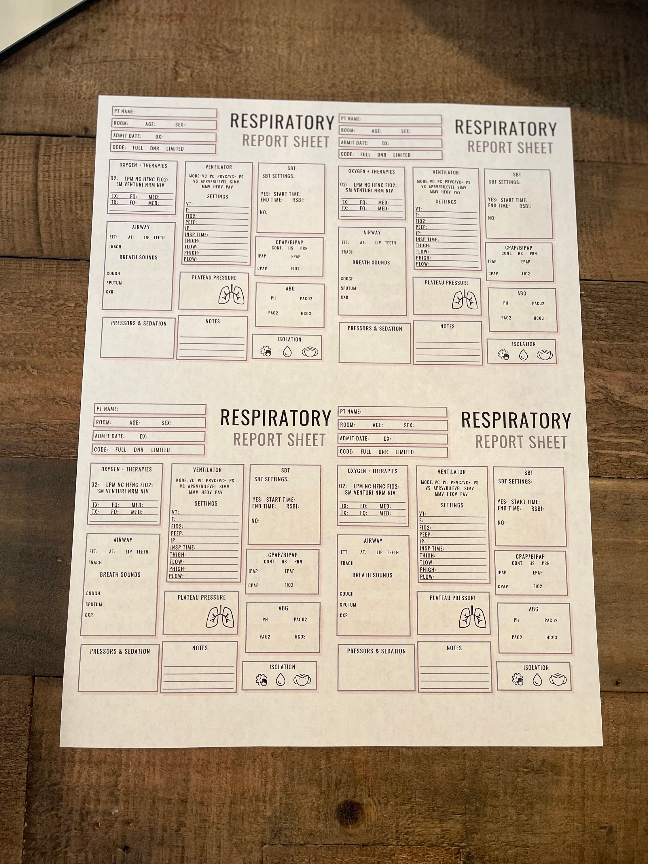 Respiratory Therapy Report Sheet Four Patients ICU Etsy