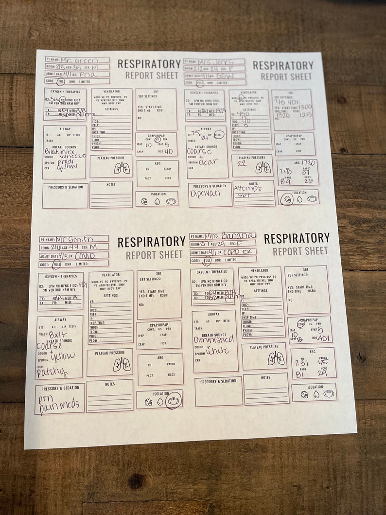 Respiratory Therapy Report Sheet Four Patients ICU Etsy