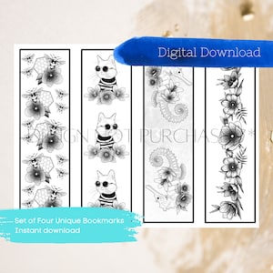 Printable Bookmarks Template, Printable Bookmarks Set, bookmarks, Digital Bookmark Template, Instant Download Bees, cats, flowers, seahorse