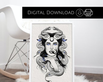 MEDUSA PRINT, Digital Printable, wall art instant download. Digital Art Print - Royal BLUE Accents| Greek Mythology| Medusa Art| Snakes